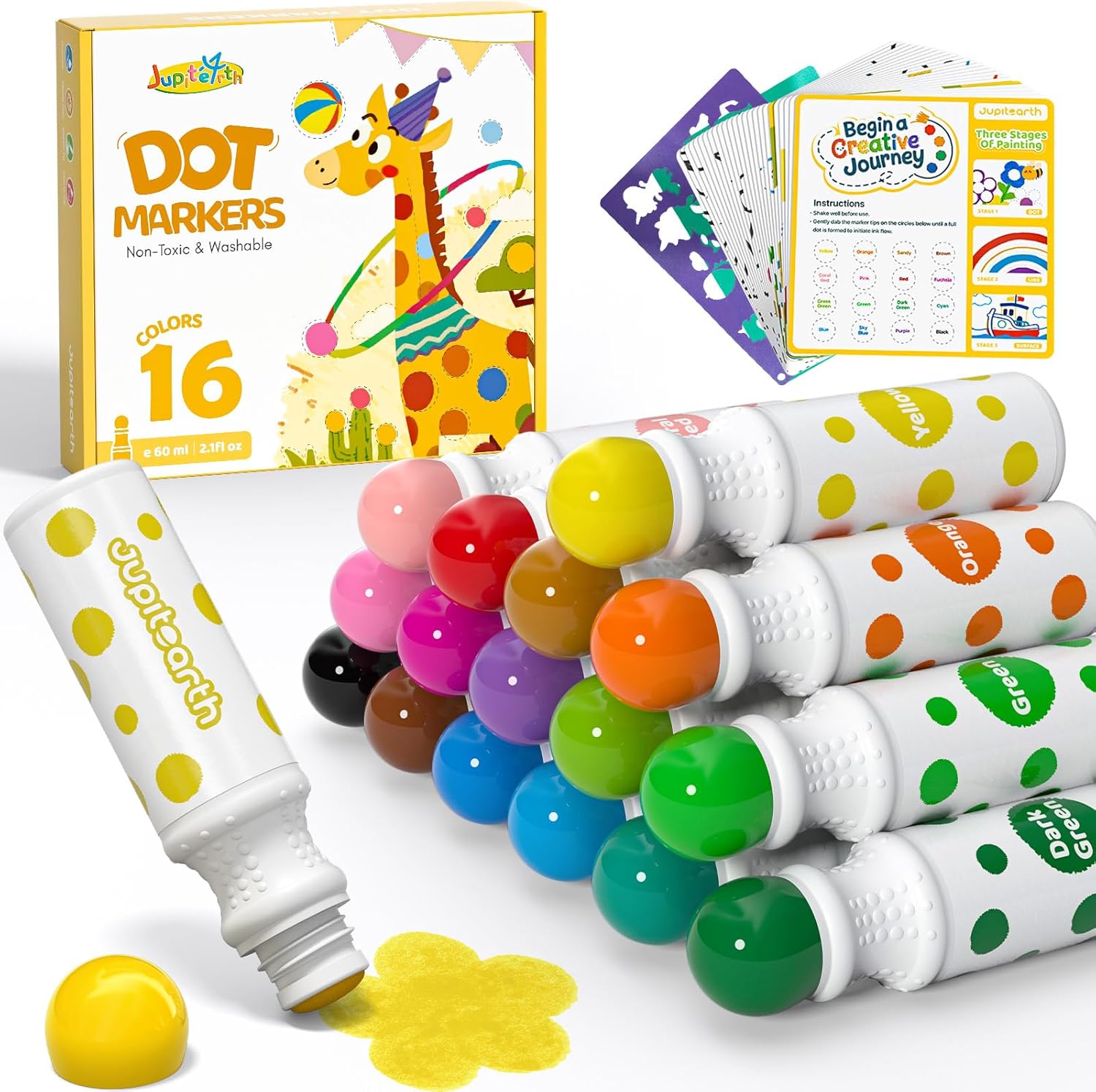 16 Color Dot Markers for Toddlers, Includes 120 PDF & 24 Printed Activity Papers, 2 Stencils, Washable Non-Toxic Bingo Daubers for Toddler Arts and Crafts, Preschool Art Supplies Gift Colorful Precision Pens Colorful Gel Pens, markers for coloring