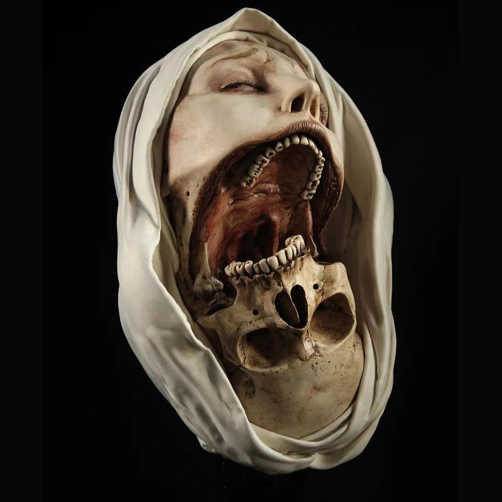 Creepy Nun Resin Statue Halloween Skull Transfiguration Sculpture for Home Decor Unique Artistic Horror Figure Desktop Ornament