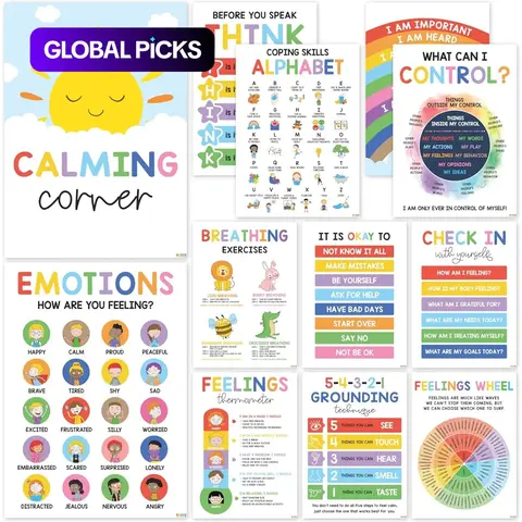 12 Preschool Mental Health Wall Decorations, Home Classroom Decorations, Teacher Decor - Calm Corner Classroom Posters, Emotion Wheel Charts, Children's Emotion Posters, and, Calm Corner Therapy Office Decorative Supplies #GLOBAL PICKS