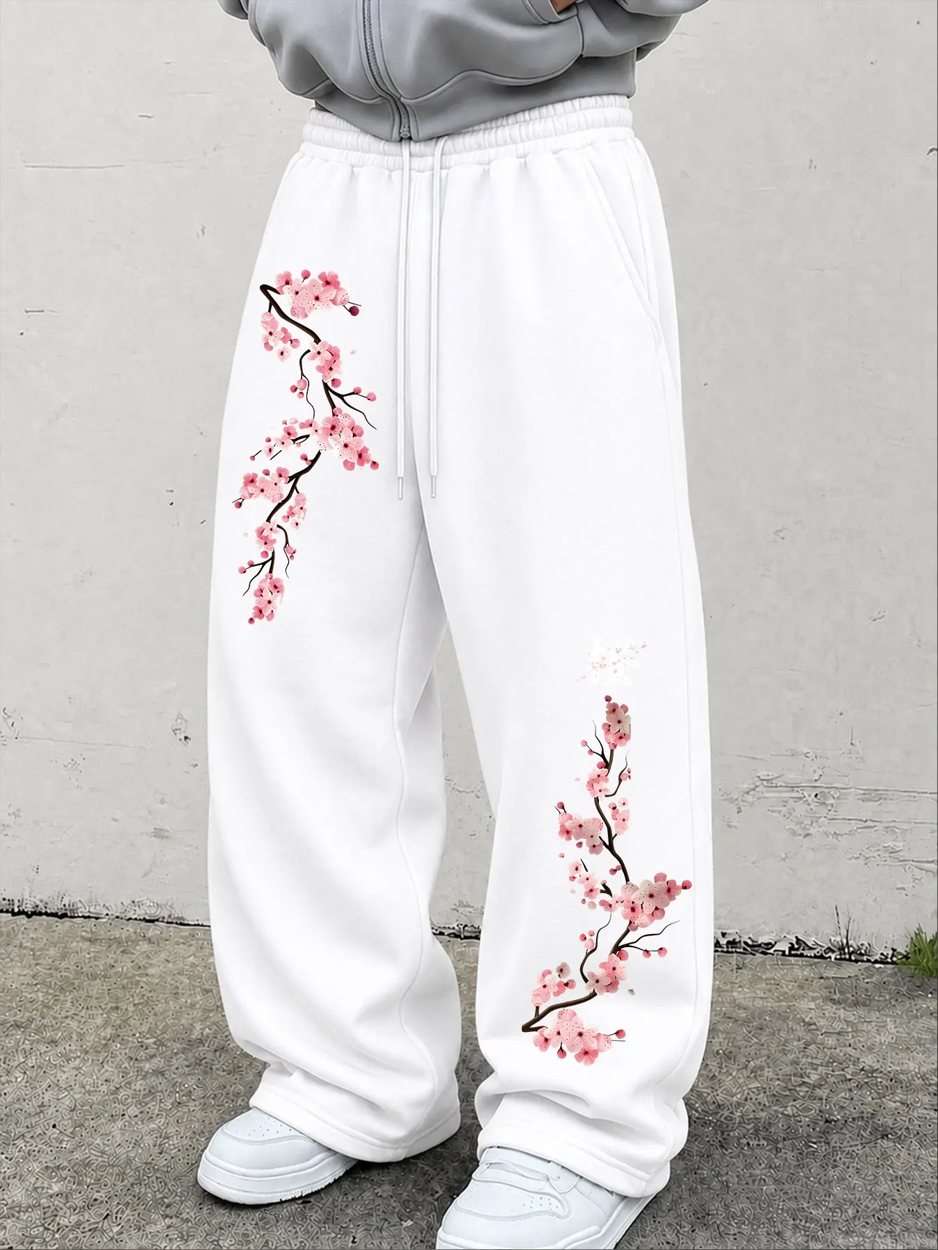 Men's Cherry Blossom Graphic Baggy Sweatpants, Black Wide Leg Drawstring Pants with Elastic Waist, Loose Casual Streetwear Trousers for Daily Wear#MensSweatpants #CherryBlossom #FloralPants #BaggyPants #WideLegPants#BlackPants #DrawstringPants #LooseFit