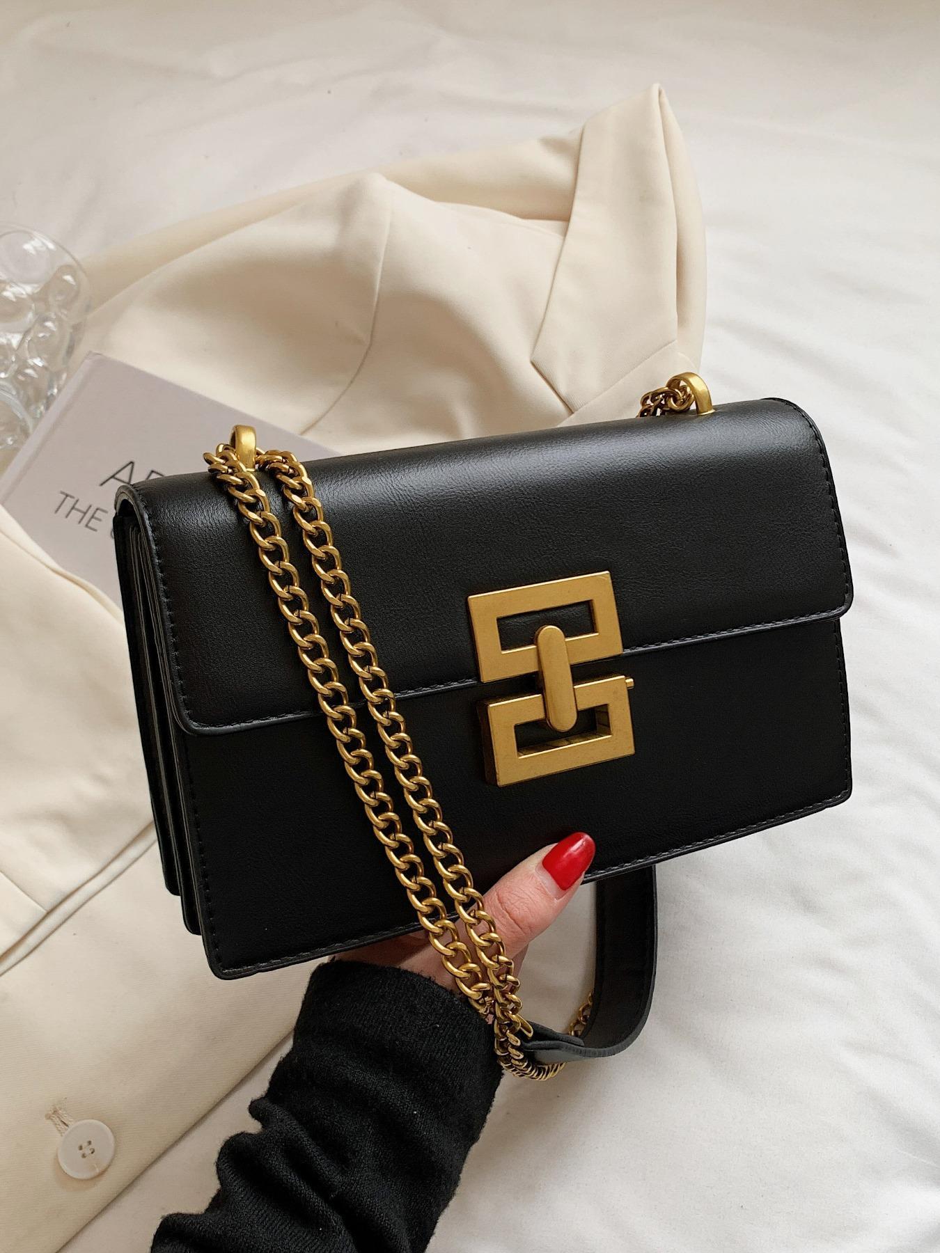 Women's Chain Strap Pu Leather Crossbody Bag, Simple All-match Solid Color Bag with Buckle Design, Trendy Shoulder Bag for Daily Used, Fashionable Crossbody Bag, Leather Crossbody Purses, Casual Shoulder Bag