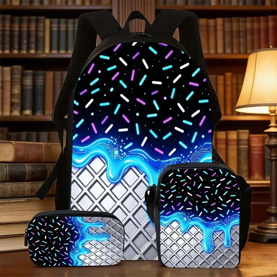 3pcs Backpack Set Neon Ice Cream Sprinkle Graphic Includes Durable Large-Capacity Bookpack & Insulated Lunch Bag & Multi-Functional Pencil Case Adjustable Strap And Zipper Compartments For School Travel Daily Use, 17in Bookpack