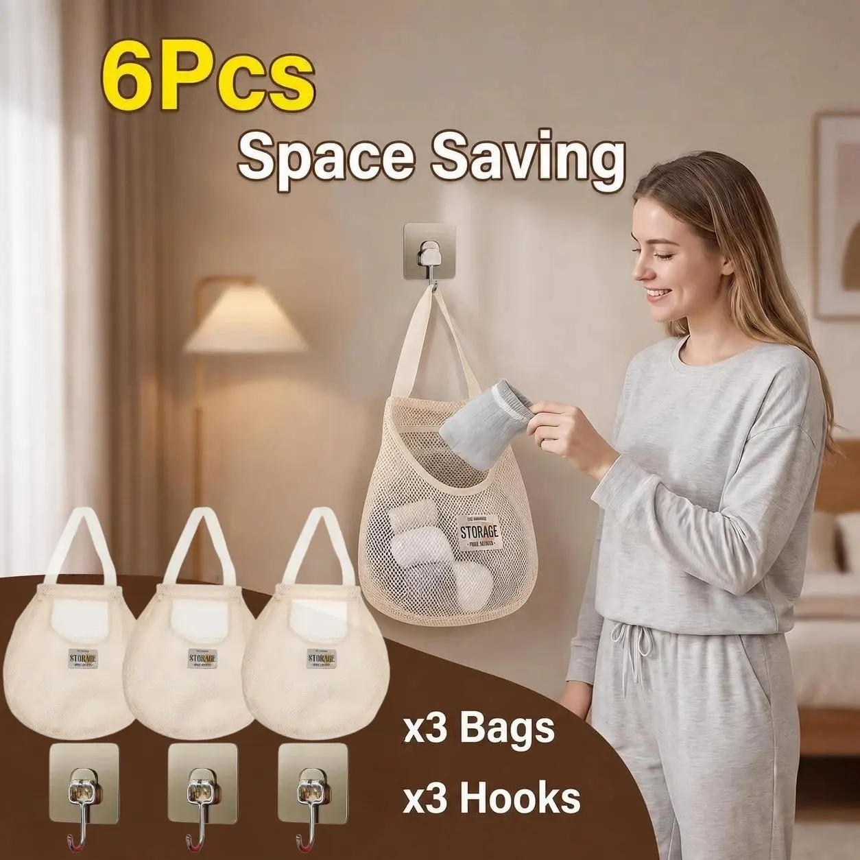 6-Piece Sock Organizer Set, 3 Sock Bags & 3 Plastic Hooks, Multi-Functional Wall-Mounted Closet Storage, No Drilling, Dorm Room Essential
