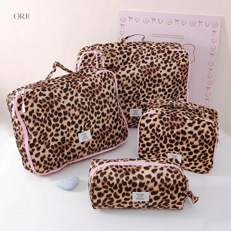1pc/Set Leopard Print 4pcs Travel Luggage Organizer Set, Zippered Clothing Storage Bags, Portable Suitcase Packing Cubes