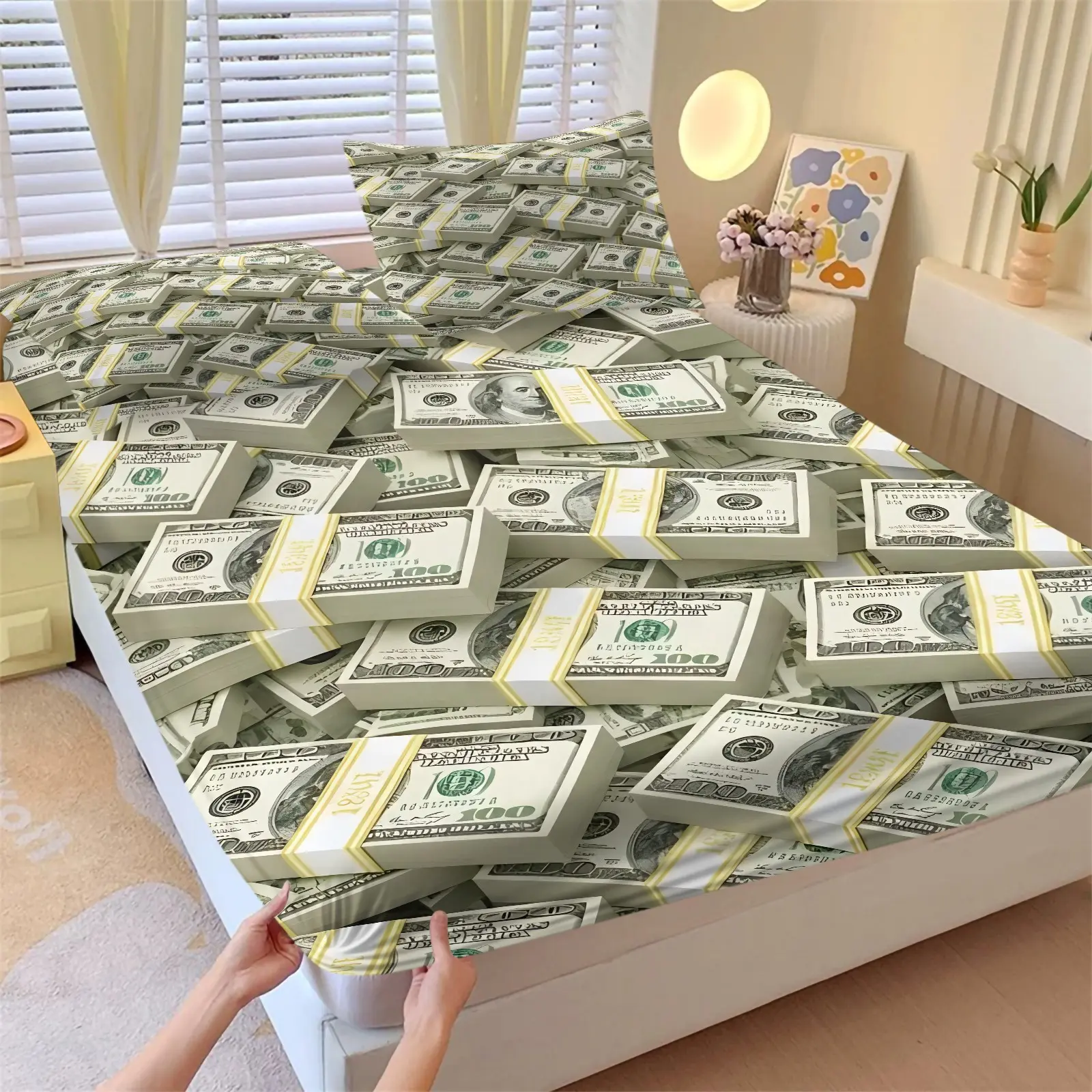 3-Pcs US Dollar Bill Print Fitted Sheet Set (1 Fitted Sheet + 2 Pillowcases) — "Wealth" Themed US Banknotes Bedding; Minimalist Yet Luxurious Bedroom Decor; Suitable for men and women who love money.; Perfect Holiday Gift (8 Patterns Available)