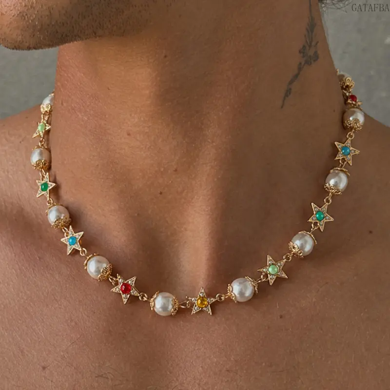 Hip Hop Rhinestone Star Necklace for Men, Minimalist Premium Pearl Clavicle Chain, Stylish Layered Jewelry for Daily Street Wear