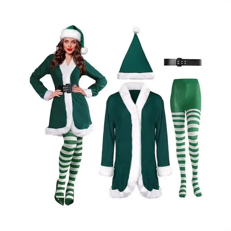2025 New Christmas Elf Costume Women Adult Santa Claus Green Coat Hat Sock Full Set Cosplay Clothes  Xmas Carnival Fancy Party