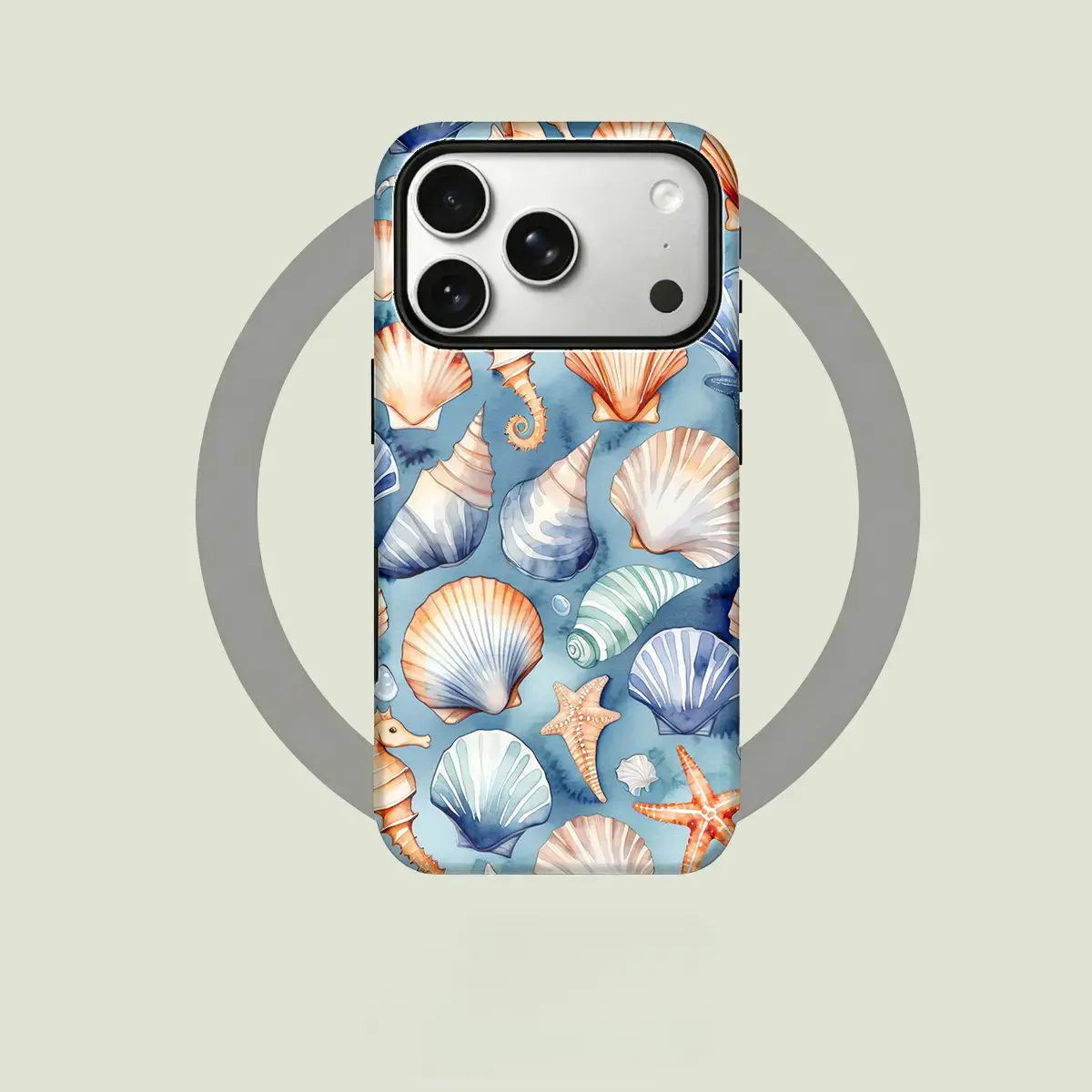 MagSafe-Compatible Durable 2-in-1 Protective Smartphone Case, Cute Blue Watercolor Seashell & Seahorse Design, Chic Accessory for iPhone 17/16/15/14/13/12/11 Pro Max/Plus/Pro, Ideal Birthday Gift for Cute Phone Accessories Lovers, Nautical, Animals