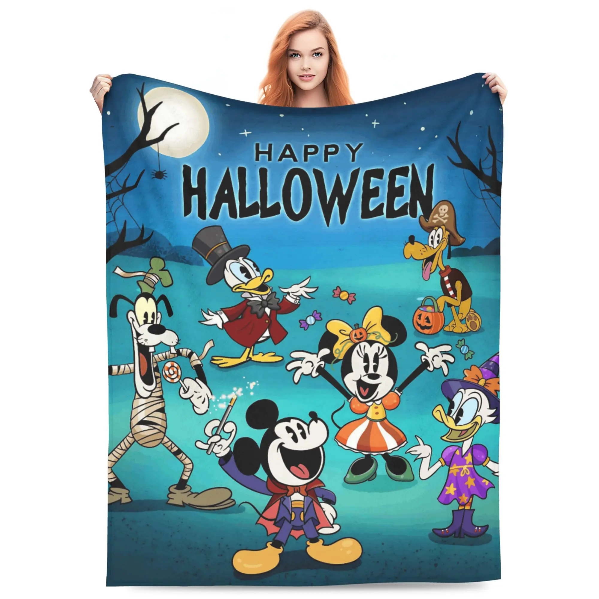 DISNEY CLASSIC Mickey Gang Halloween Night Throw Blanket, Mickey Minnie Goofy Donald Daisy Pluto Dressed In Spooky Costumes Full Moon Bare Twisted Tree Blue Night Sky Flannel Fleece Blanket, lovely seasonal decor for Disney Halloween movie nights.