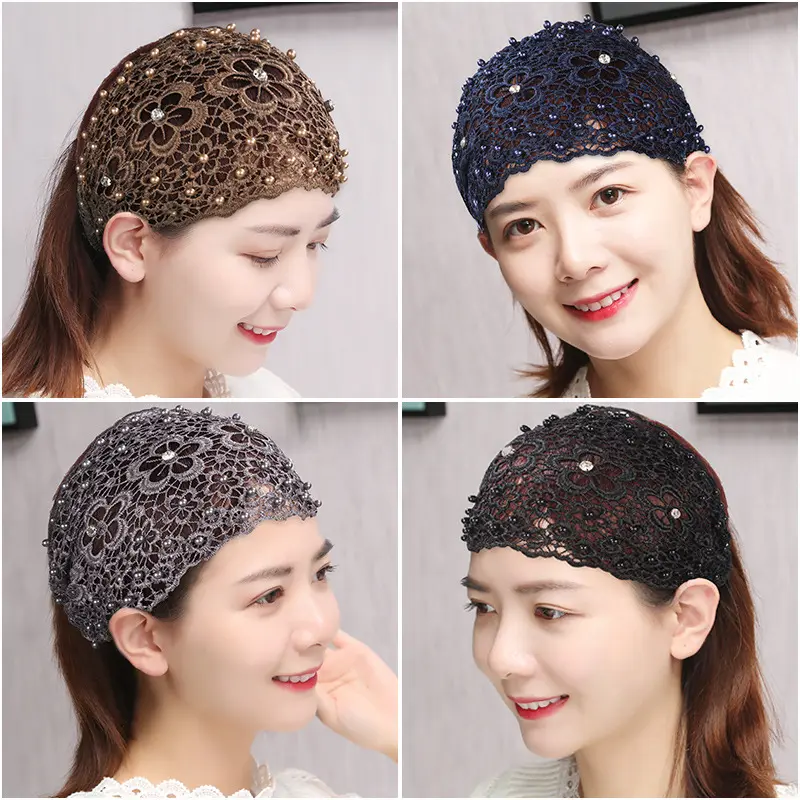 Floral Hollow Lace Rhinestone Hair Net Headband Breathable Stretch Hair Wrap For Women Hide Bangs Fix Long Hair Daily Makeup Housework Hair Cover