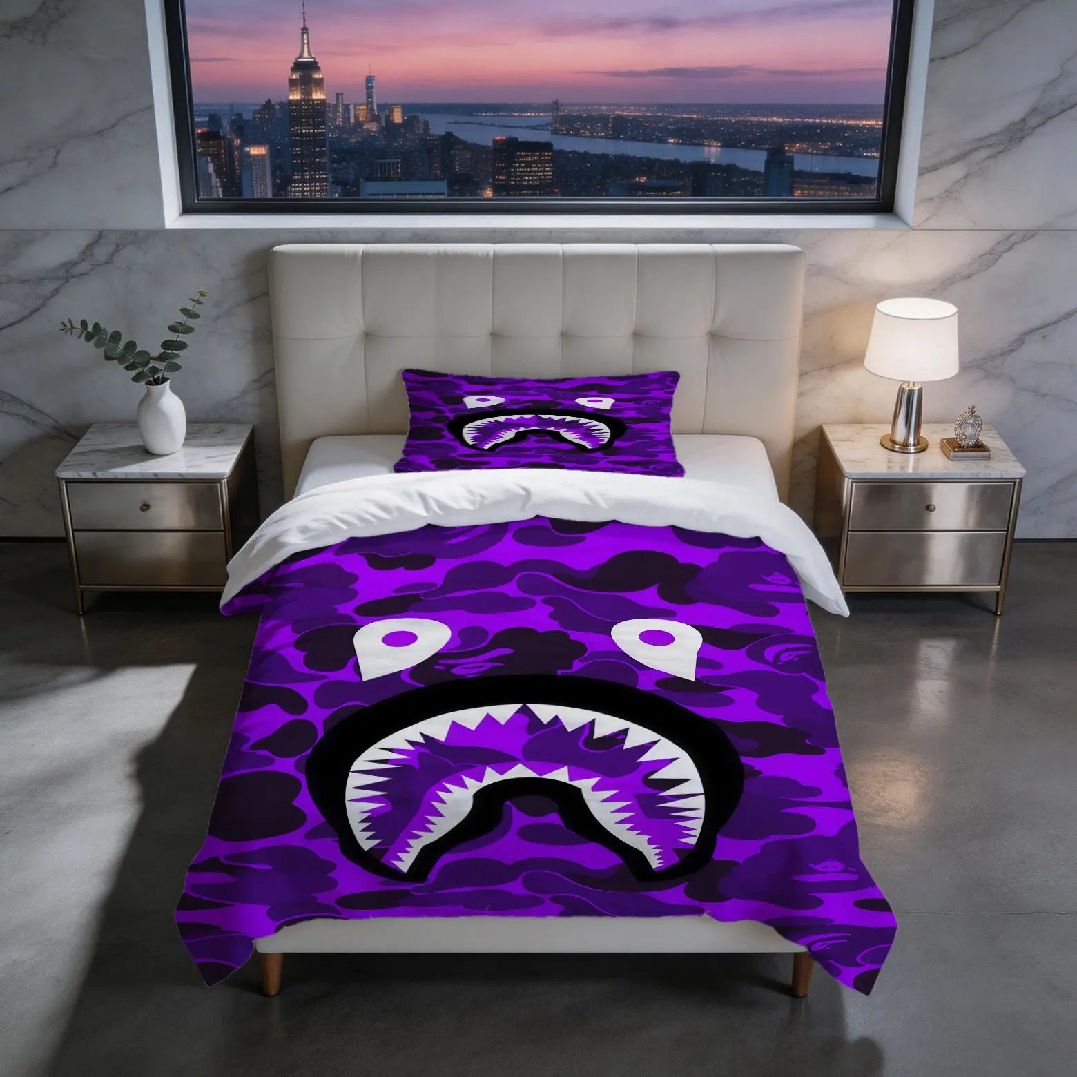 Camouflage Shark Head Pattern Duvet Cover Set, Soft And Comfortable Bedding Set, Including 1 Duvet Cover And 1 Or 2 Pillowcases, Excluding Duvet Core And Pillow Core, Suitable For Teenagers And Adults, Bedroom, Dormitory, Apartment Scene