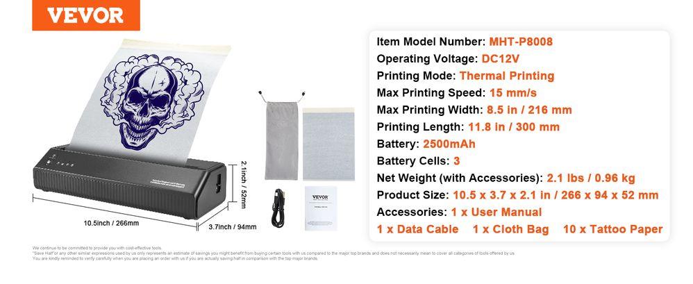 Tattoo Stencil Printer, Wireless Bluetooth Tattoo Printer Transfer Stencil Machine with 10Pcs Transfer Paper, Compatible for iOS&Android Phone, iPad&PC (with Storage Bag)