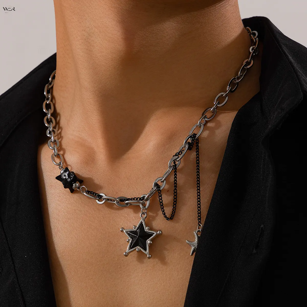 Unisex Star Pendant Lariat Necklace - Silver-Tone Steel Titanium Alloy Chain, Black Enamel Charm, Adjustable Long Tassel Drop Choker, Edgy Hip Hop Jewellery for Streetwear Outfits