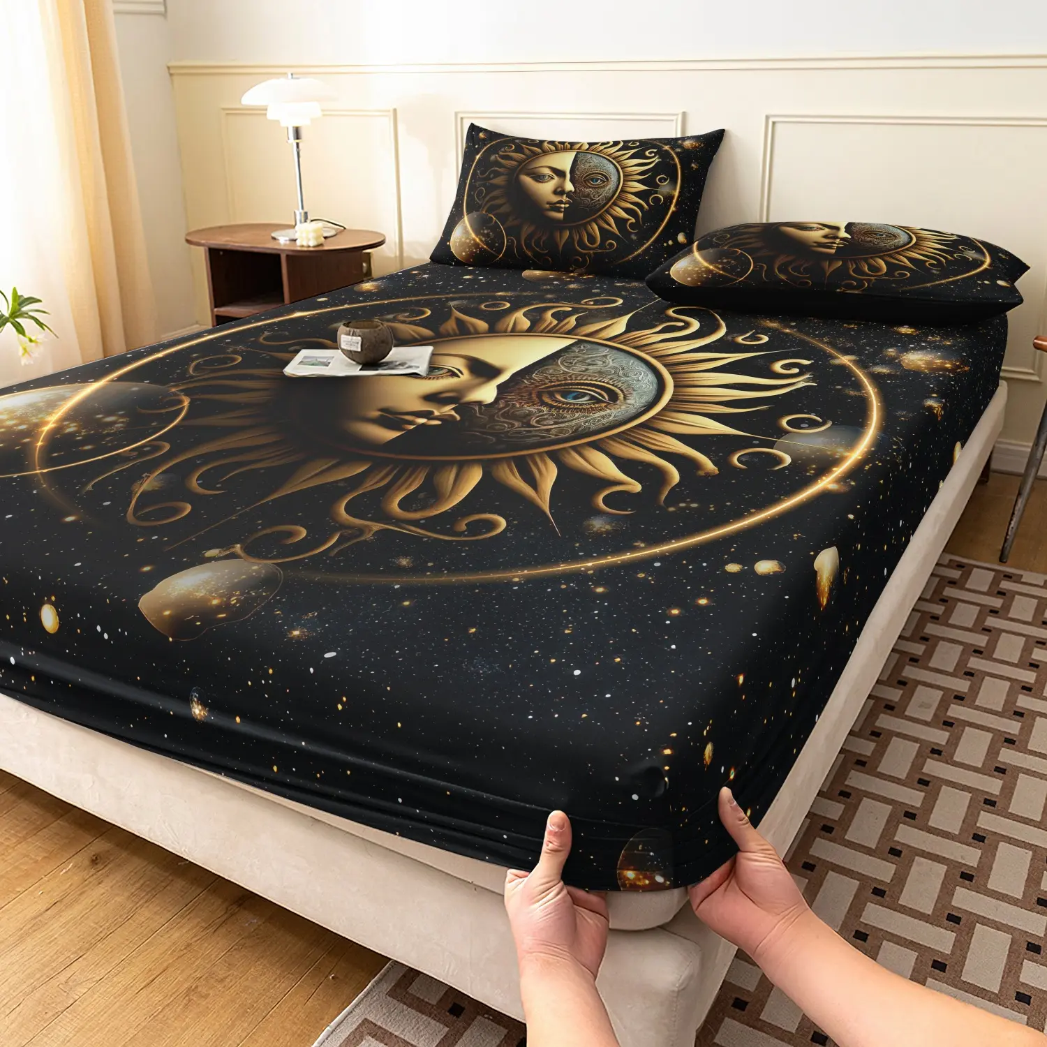  3Pcs Cosmic Galaxy Sun Moon Face Print Duvet Cover Bedding Set, Black Star Sky Golden Planet Celestial Astrology Pattern Bedding, Perfect Gift , Machine Washable Soft Breathable Bedding Linen (1 Fitted Sheet + 2 Pillowcases, No Pillow)