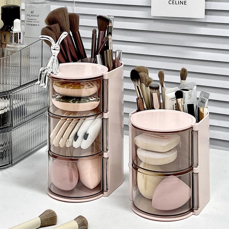360° Rotating Makeup Storage Box with Transparent Drawers and Brush Holder - Automatic Rotating Acrylic Makeup Organizer, Large Capacity Skincare Organizer with Compartments