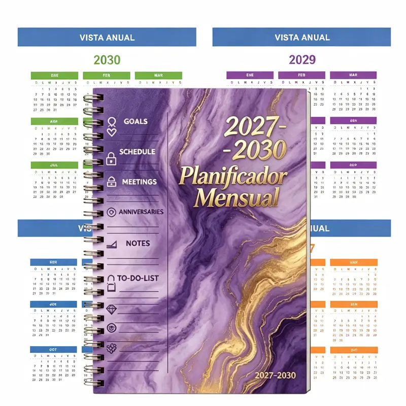 2027-2030 Four Year Calendar in Spanish January 2027 to December 2030  purple marble cover with gold accents  diary includes yearly calendar and month tabs  48 months  5.5x8.3 inches with thick paper