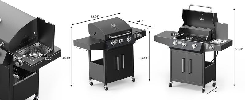 ROVSUN 3 Burner Propane Gas Grill with Side Burner, 46,000BTU BBQ Grills with Enameled Cast Iron Grates, Shelf & Cabinet for Outdoor Garden Patio Backyard Barbecue Cooking