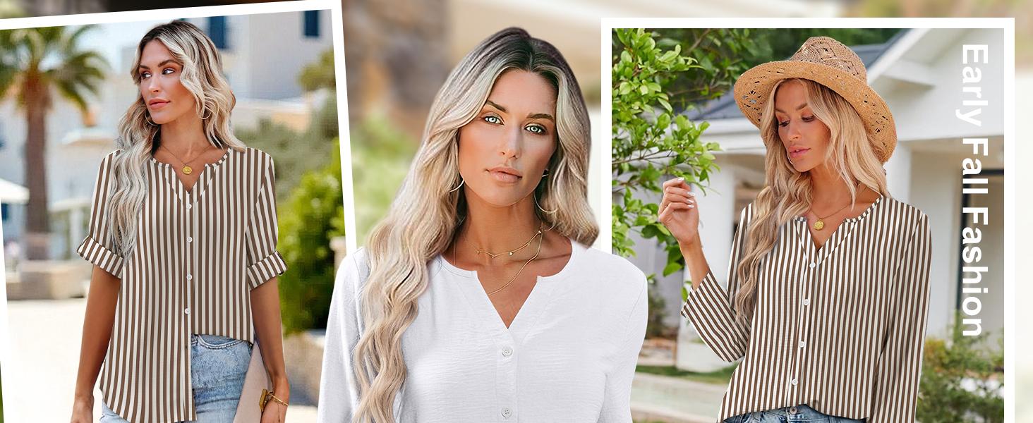 OFEEFAN Button Down Shirts for Women 3/4 Length Sleeve Tops V Neck Blouses Business Casual Outfits Loose Fitmenswear Basic Minimalist