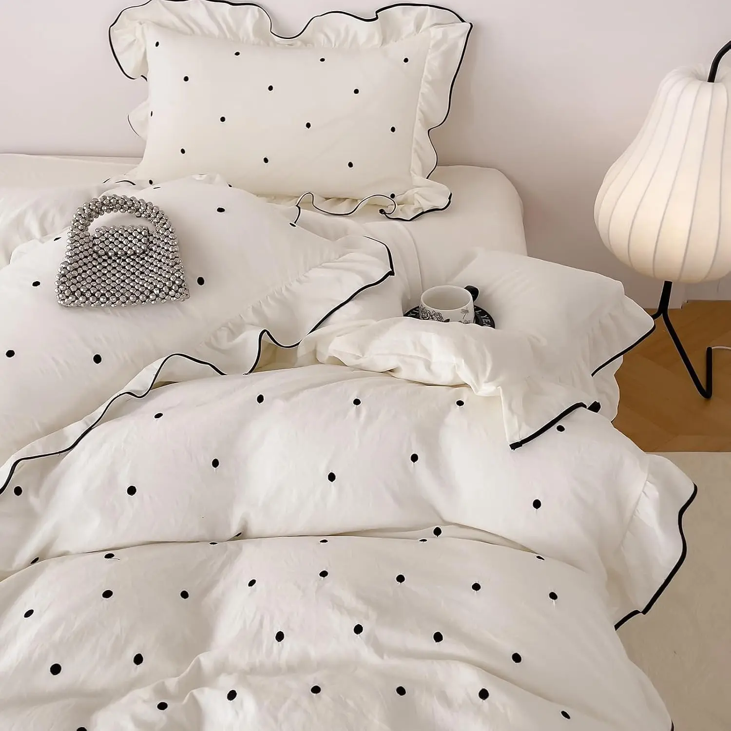 Polka Dot XL Twin Duvet Cover Off White Embroidered Twin XL Comforter Cover Soft Ruffled Washed Brushed Microfiber Zipper Duvet Cover Set with Pillowcase Teen Girl Bedding Cream Duvet Protector