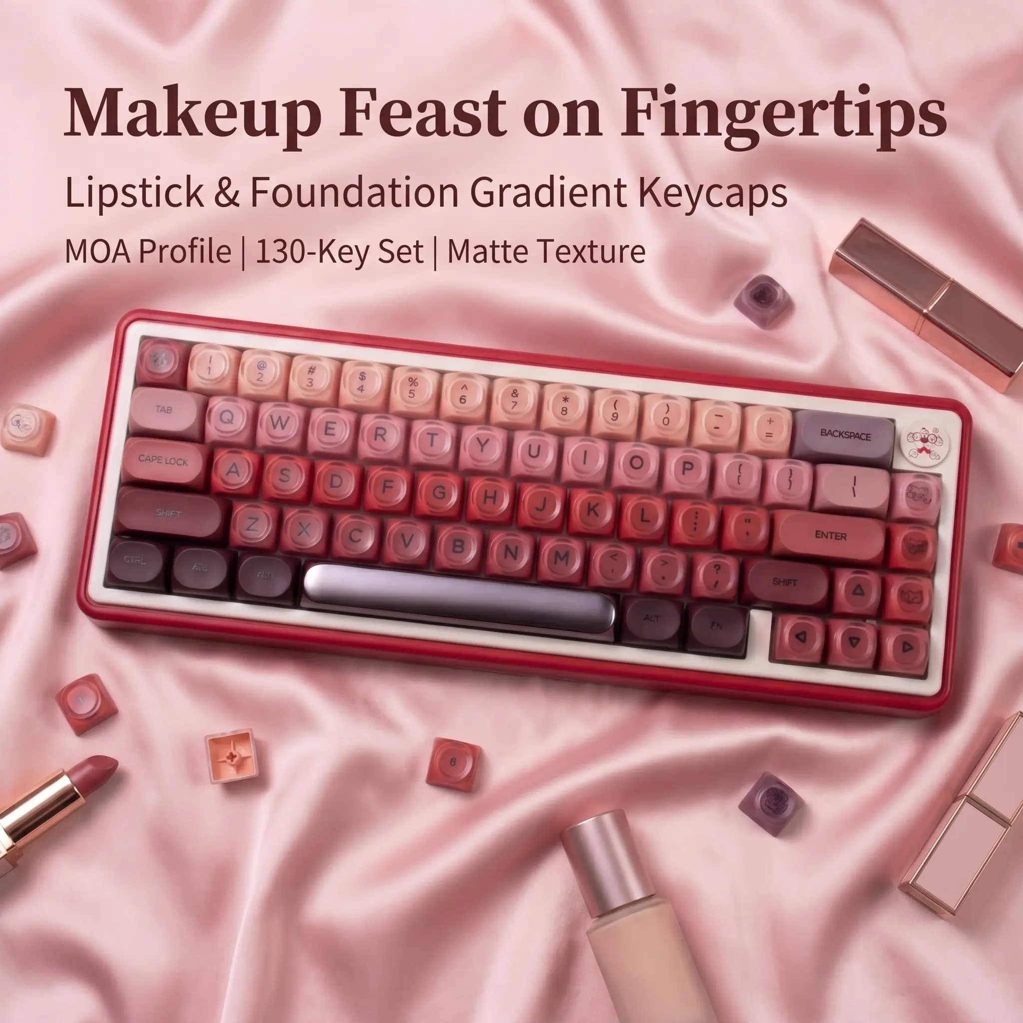 130 Keycaps Gradient Lipstick Color, Round Hoa Mechanical Keyboard Keycaps, Pbt+PC Material, Matte Texture, Suitable for 60/64/68/75/87/98/104/108 Keyboards