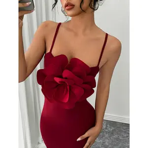 Women'S Fashion Temperament 3D Large Floral Red Dress