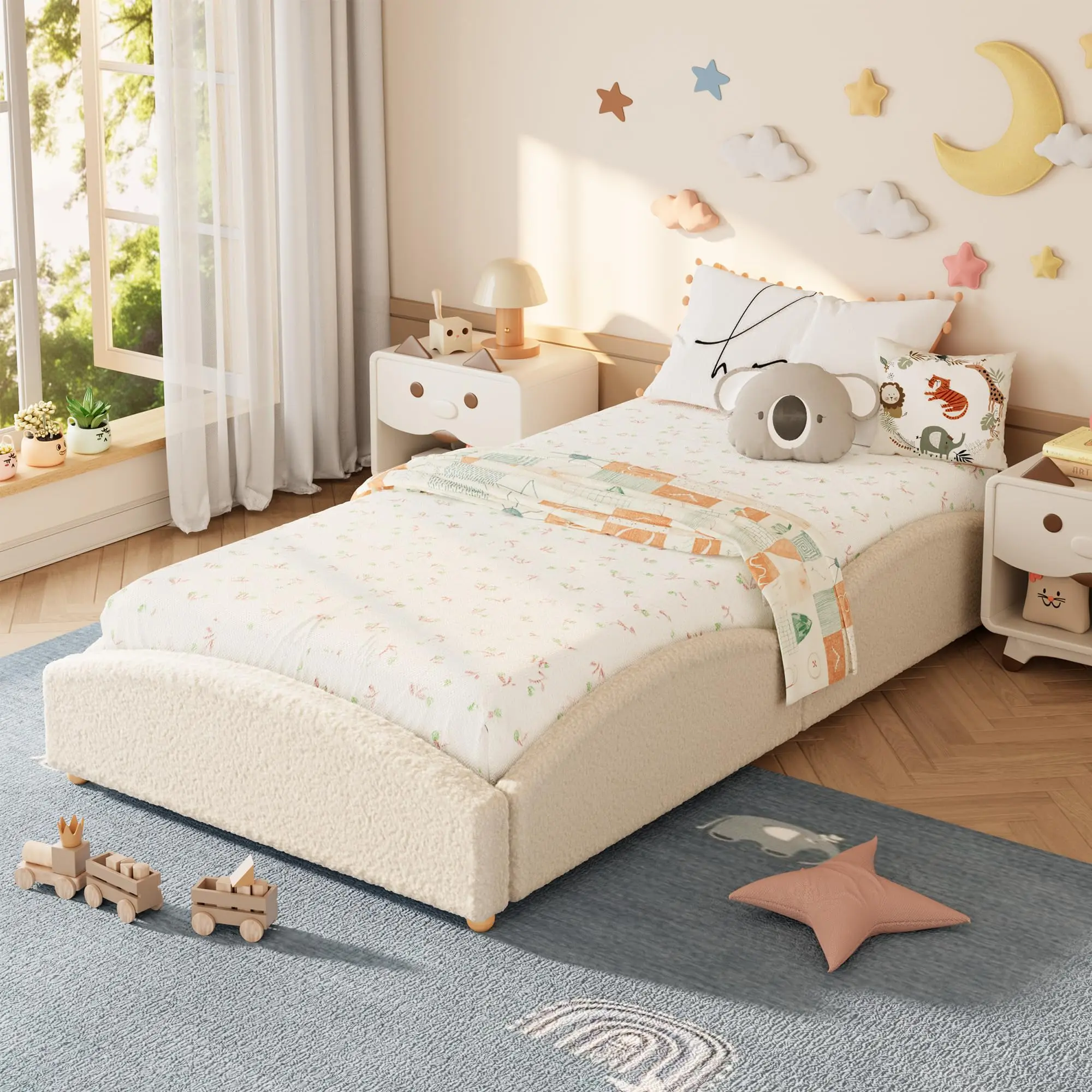 Cute Fleece Upholstered Floor Bed Frame - Low Profile Charming Cloud Design with Raised Sides, Durable for Playroom, Nursery Boys