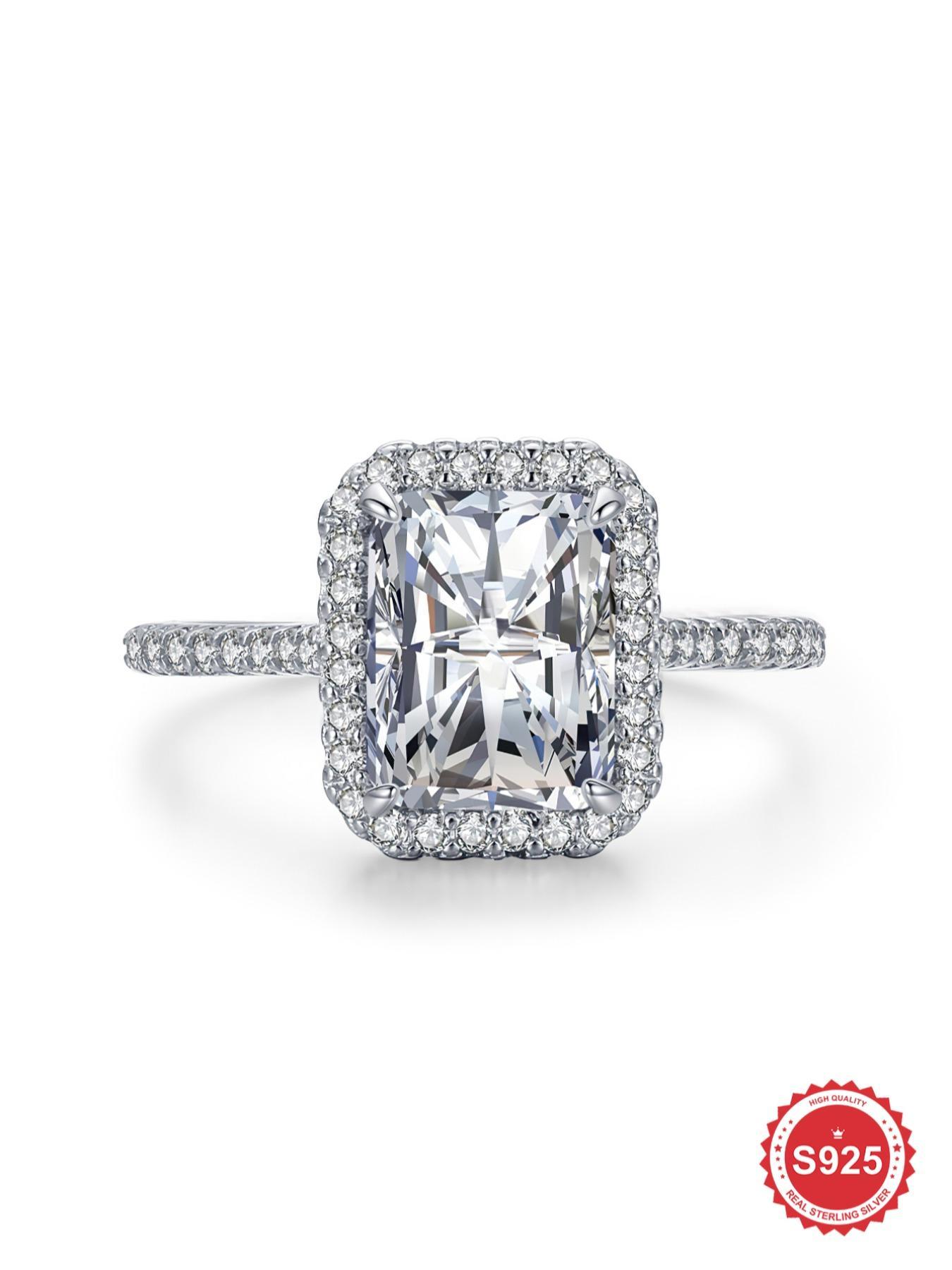 S925 Sterling Silver Rectangle Shaped Zircon Engagement Ring, Luxury Promise Wedding Ring, Fashion Jewelry Accessories for Women, Exquisite Jewelry for Birthday Gift