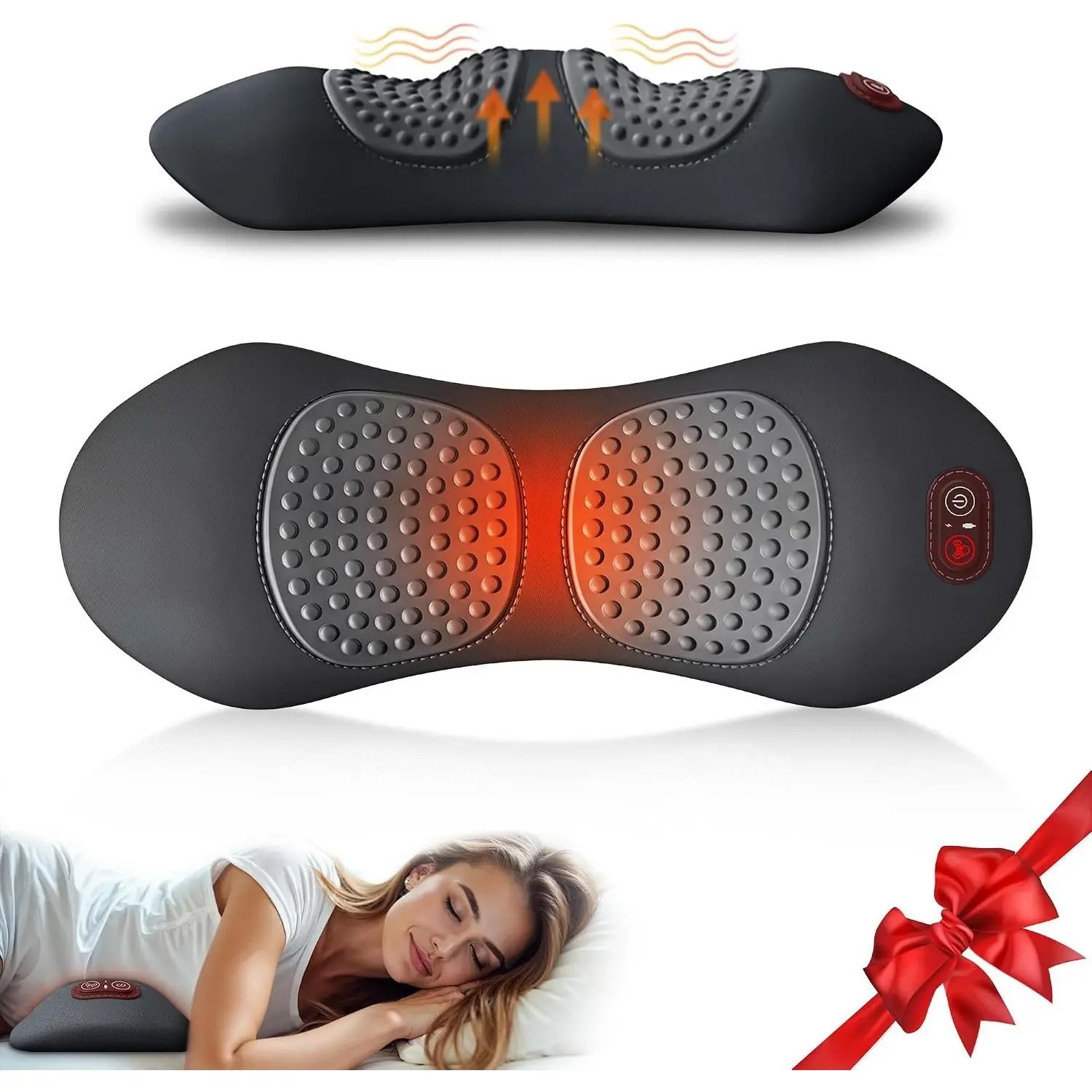 Cordless Lower Back Massager & Lumbar Support Pillow for Sciatica,Black | 3-in-1 Sciatica Pain Relief Pillow with Heat,Vibration,Electric Lift,Rechargeable 3000mAh,USB-C Charging for Home, Office,Car