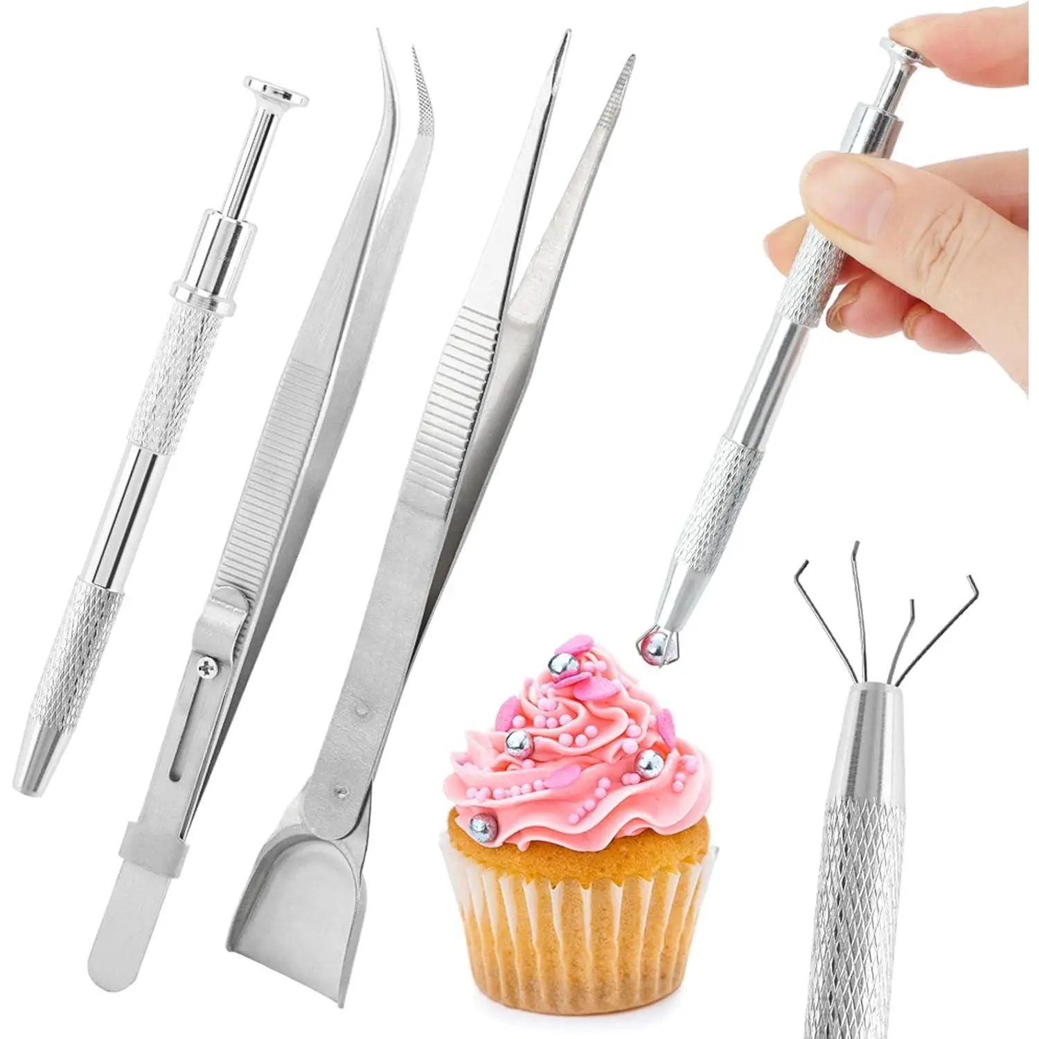 4PCS Cake Decorating Sprinkles Tools Set includes 4-Claw Sprinkle Pen Pearl Grabber Cake Tweezers Shovel Head Sprinkle Spoon for Cookie Cupcake Decorating Supplies