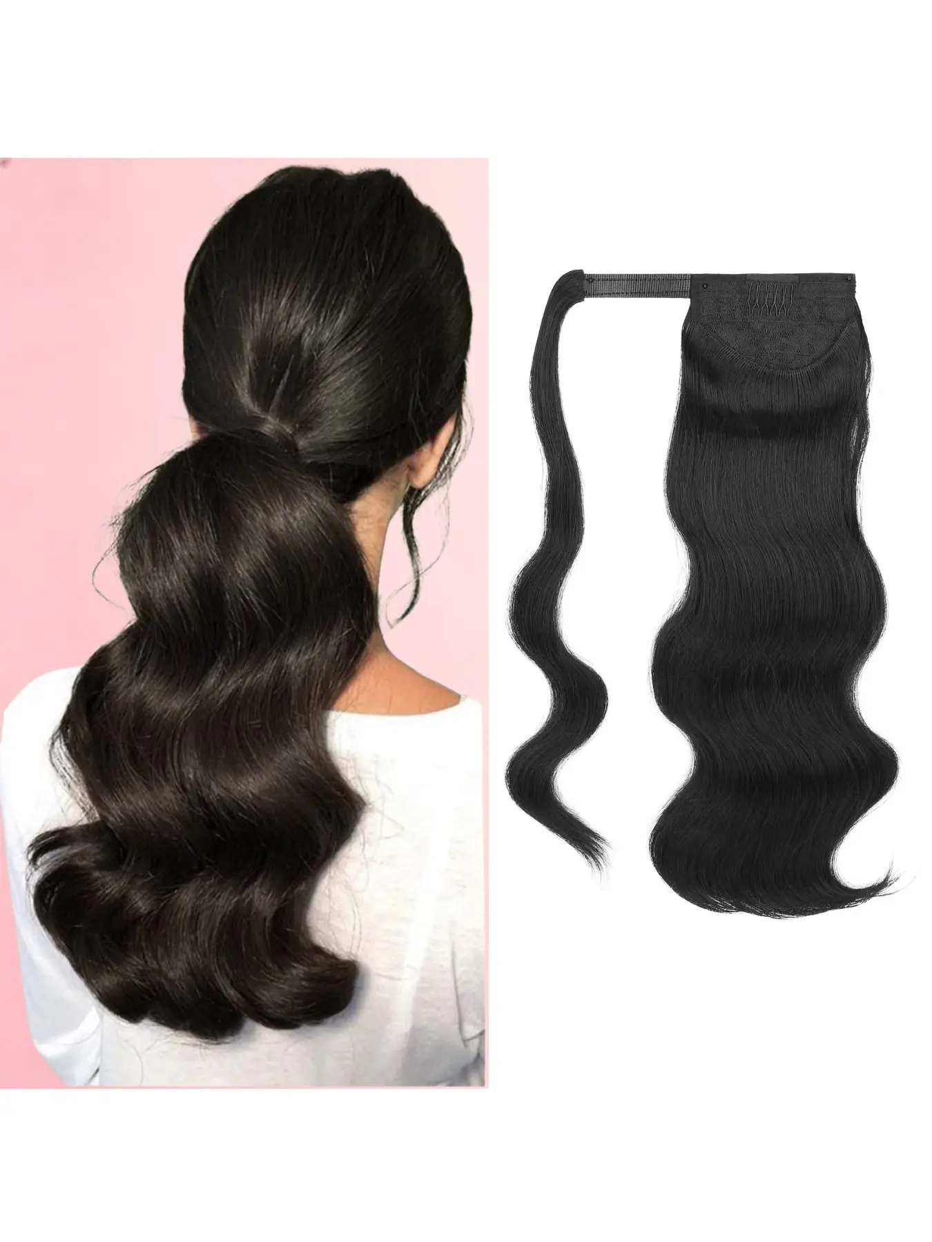 Clip‑In Blonde Synthetic Ponytail Hair Extensions for Women, Tape Wrap‑Around Body‑Wave Hairpiece. Clip‑in Design Boosts Hair Volume and Length, Create Ponytail and Bun Hairstyles Easily, Tangle‑Free Hair Extension