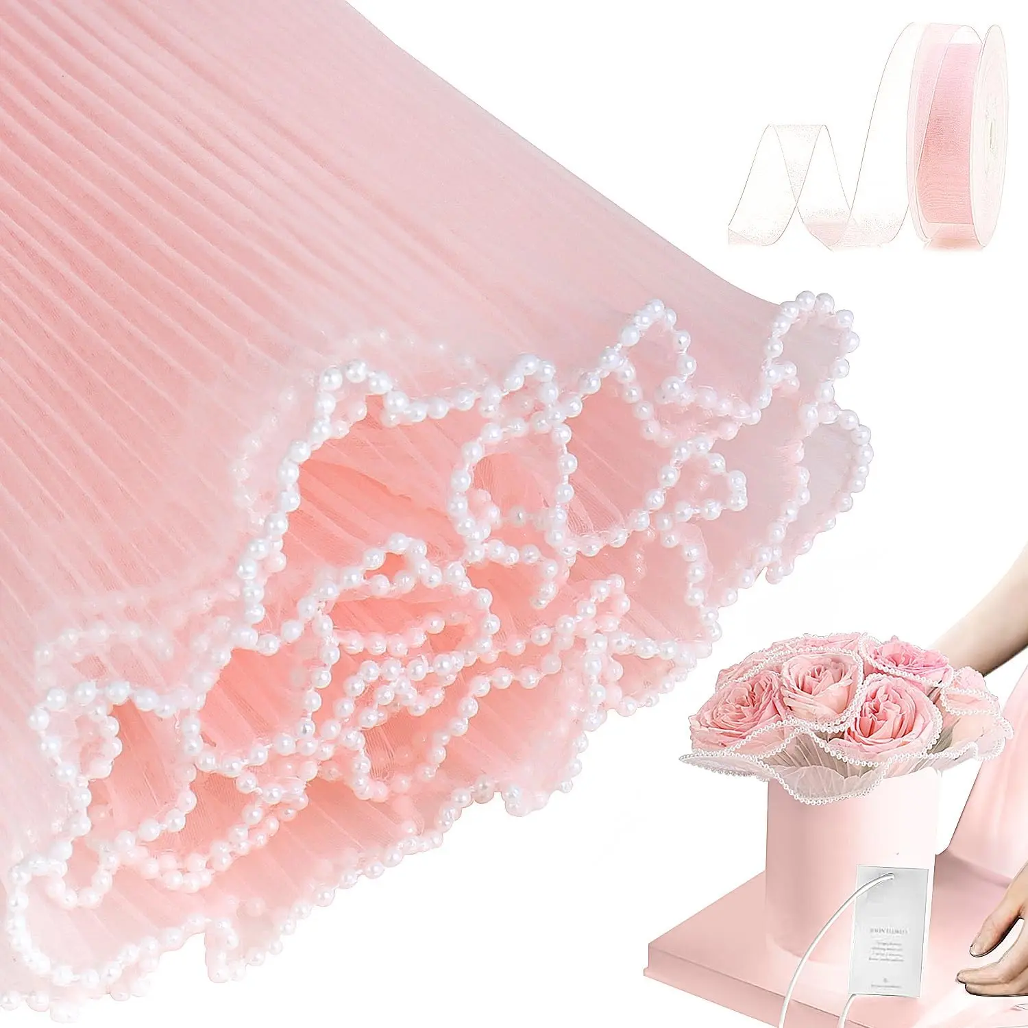 Upgraded Flower Wrapping Paper Bouquet Wrapping Paper with  , Wrinkled Translucent Lace Mesh Florist Floral Paper  Bouquet Paper Wrap for Mother's Day Valentine's Day Wedding  Packaging