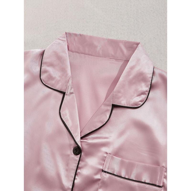 3 sets 3-Piece Satin Pajama Set for Women: Short Sleeve Lapel Top & Elastic Waistband Shorts Loungewear Nightwear Casual Fabric