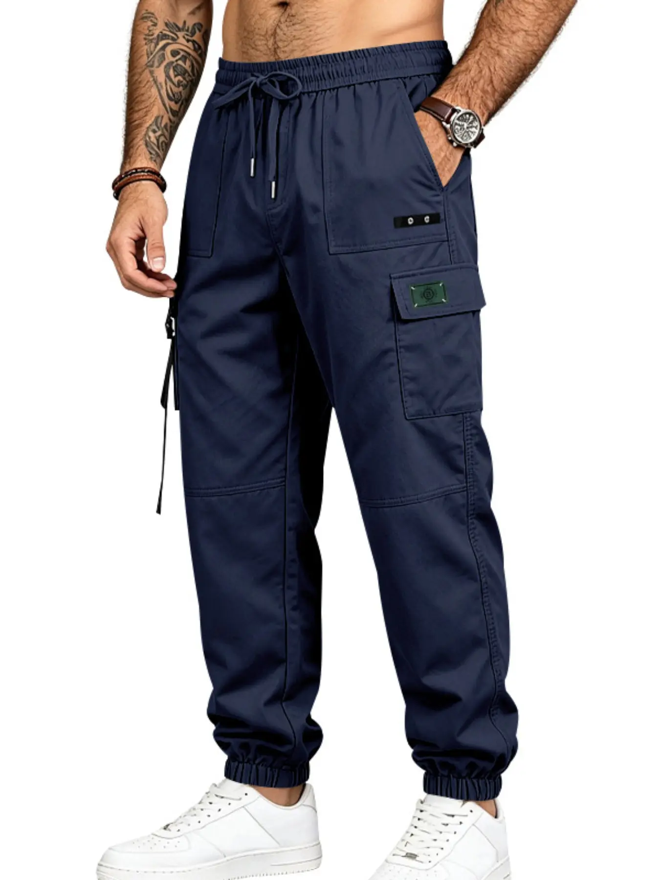 Men's Casual Straight-Leg Trousers, Micro-Elastic Sport Training Pants, Multi-Pocket Workwear, All Seasons, Fitted, Unlined
