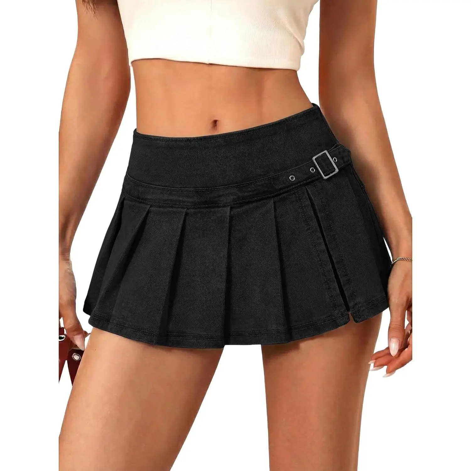 Women's Denim Mini Skirt - Mid Waist Stretch Side Zipper Skort Y2k Casual Jean Skirt with Shorts Underneath(Gift)