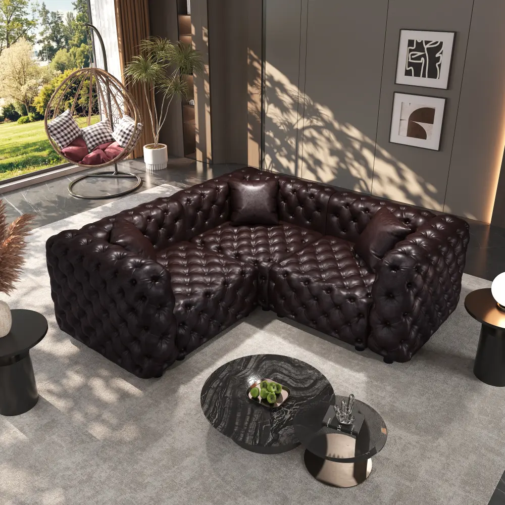 75.1" L Shaped Modern Sofa Set, Faux Leather Upholstered Modular 3-Seater Sectional Couch with Pure Handmade Button Tufted Design, 3 Pillows, Multi Combination for Living Room,Dark Brown