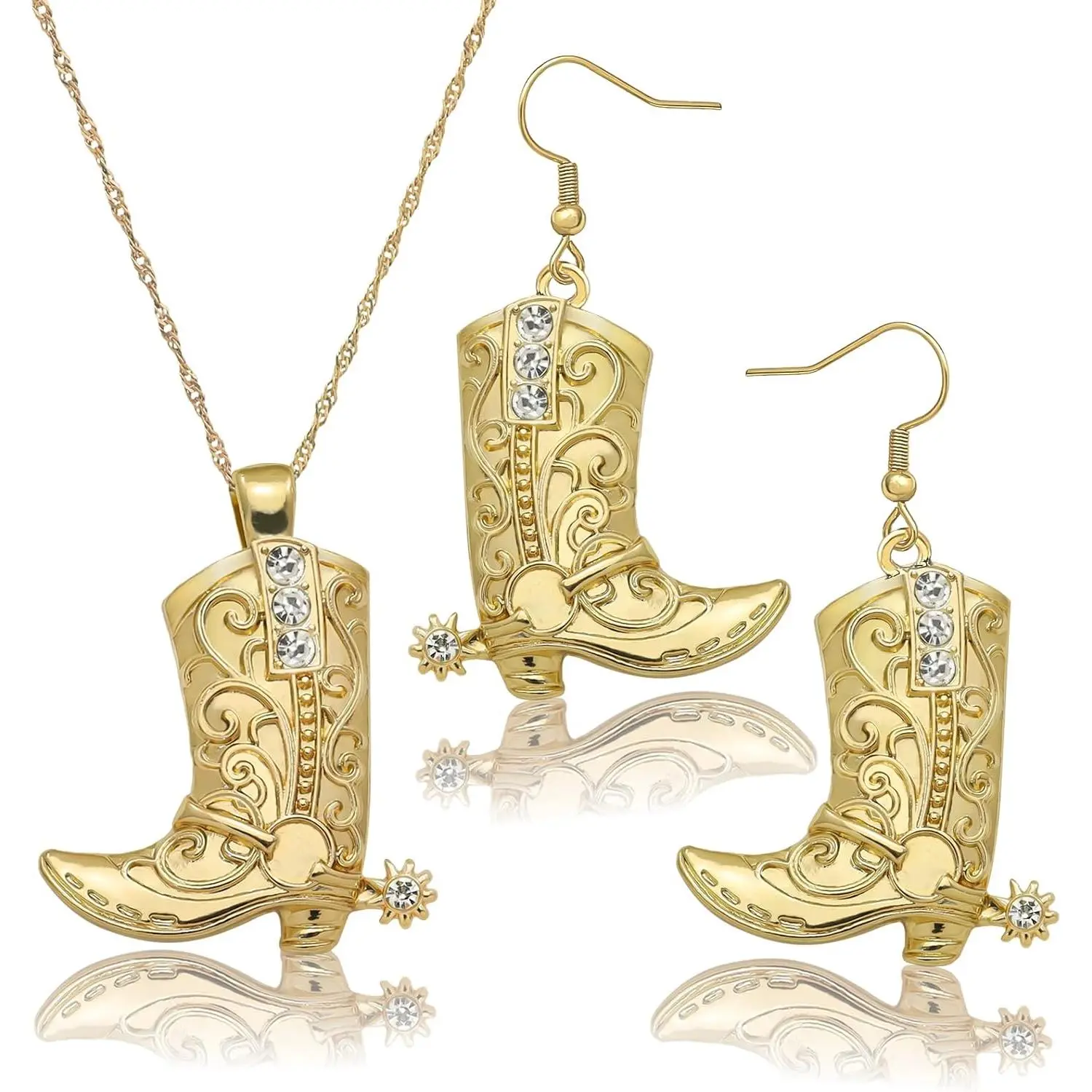 West Cowgirl Cowboy Texas Boots Earrings Necklace Set, Spur Rodeo Drop Dangle Boots Earrings,Twist Link Chain Necklace with Boot Pendant, Set