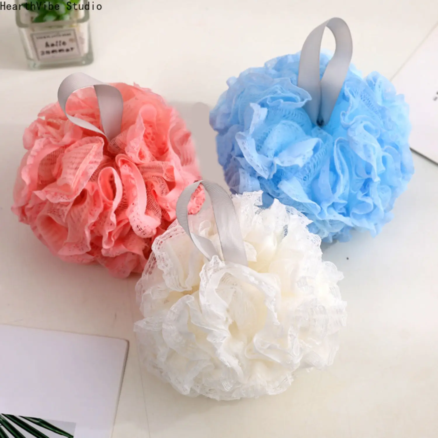 Lace Mesh Bath Loofah Sponge 3 Pack Gentle Exfoliating Pouf Shower Body Scrubber with Hanging Ribbon for Women Spa Bathroom Travel Skincare