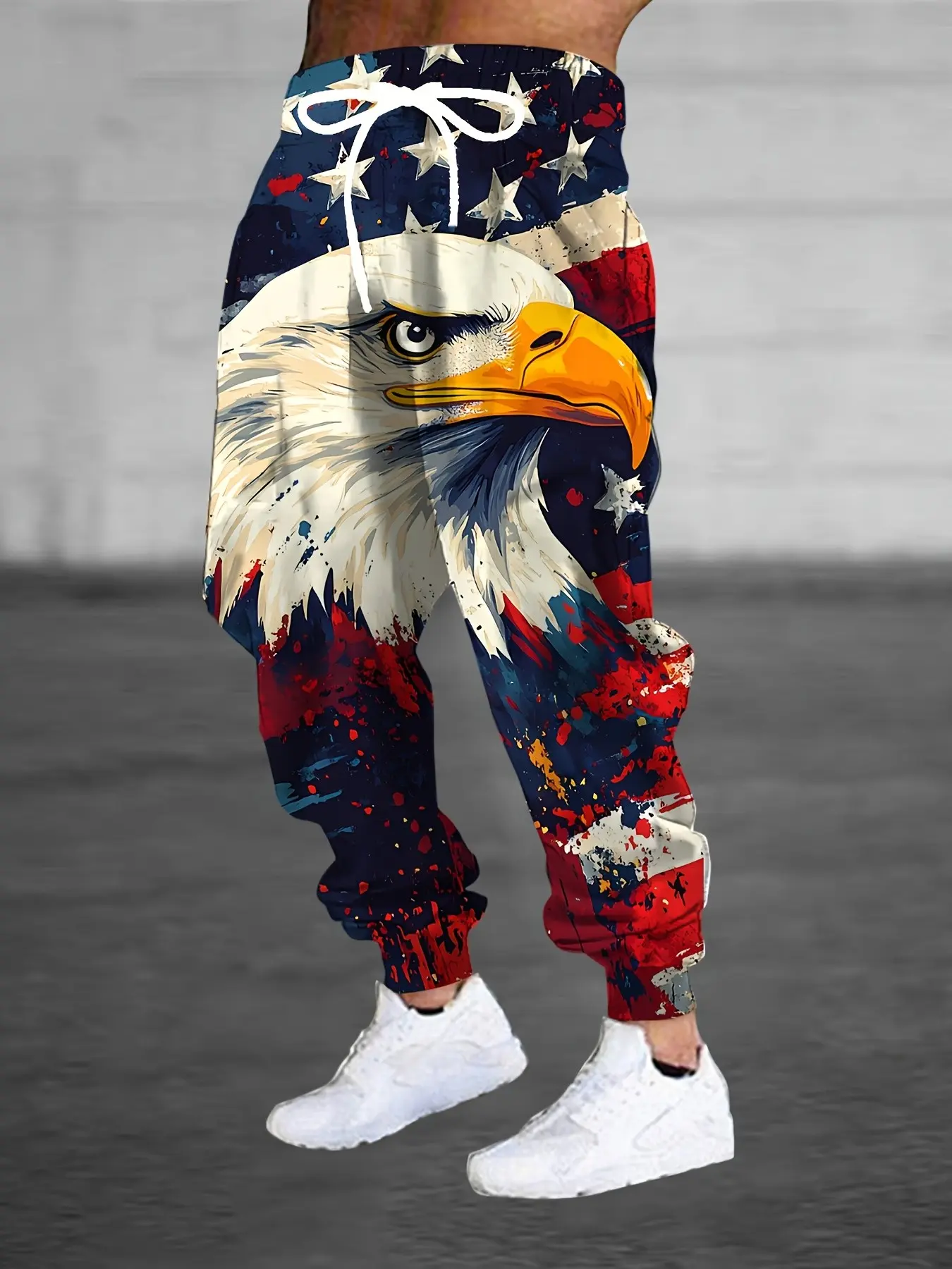 Men's American Style Sweatpants, Eagle Flag Print, Casual Drawstring Waist, Regular Fit, Ankle Length, All Seasons, Knit Fabric