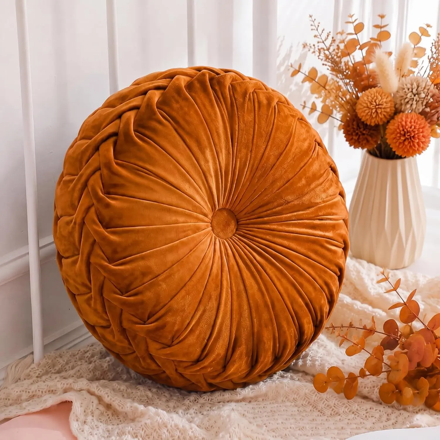 1 Pcs Round Throw Velvet Pillows Decorative Pleated Throw Pillows Diameter Accent Pumpkin Boho Chair Cushion for Couch Sofa Home Decoration (Brunt Orange,15'')