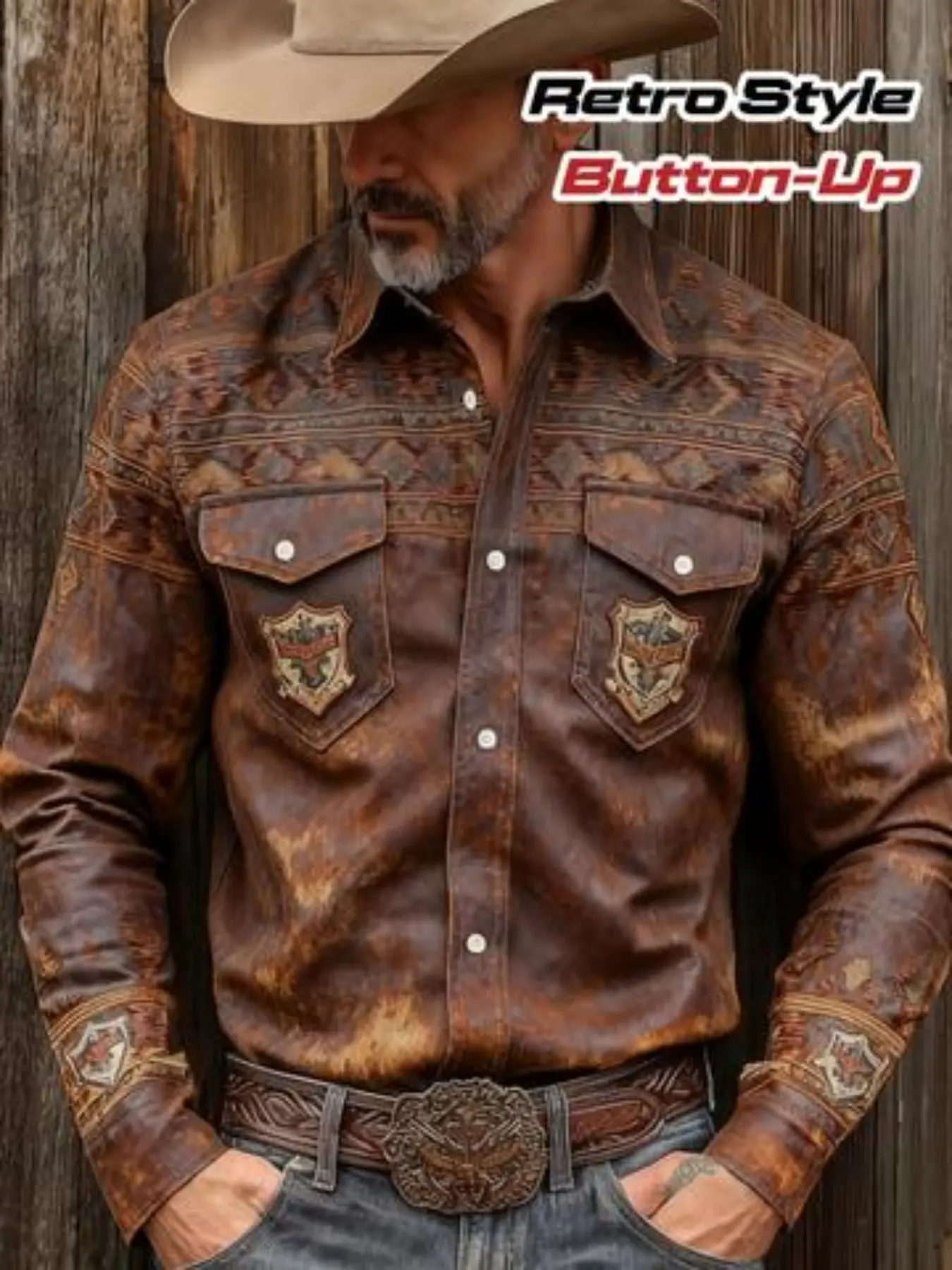 Men's Western Retro Style 3D Digital Print Button Long Sleeve Casual Shirt, Deep Distressed Gradient, Perfect for Daily Wear
