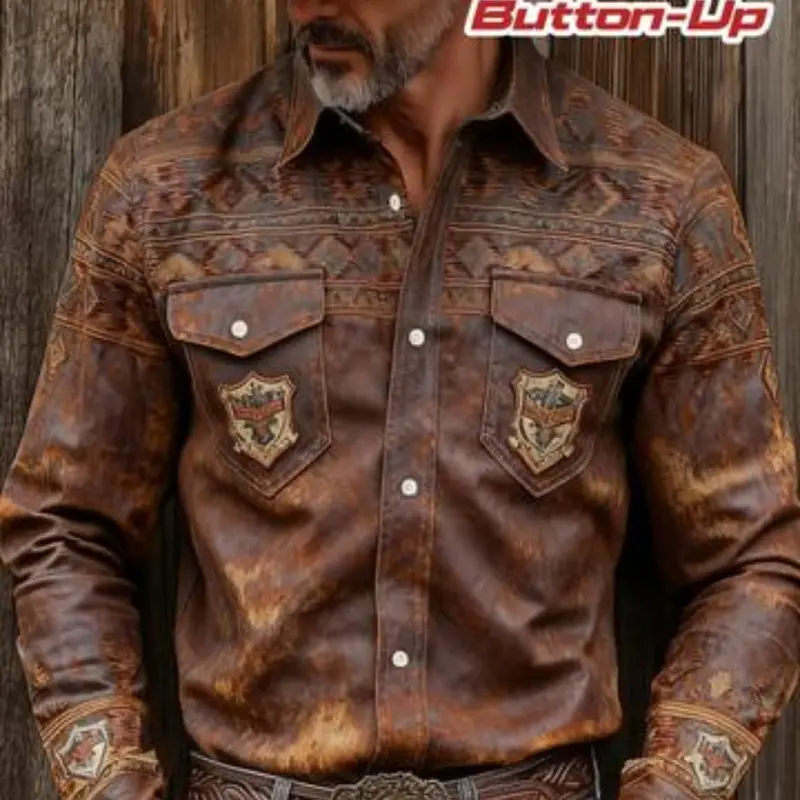 Men's Western Retro Style 3D Digital Print Casual Vintage Styles, Long Sleeve Loose-Fit Top, Perfect for Daily Wear, Travel, Festive