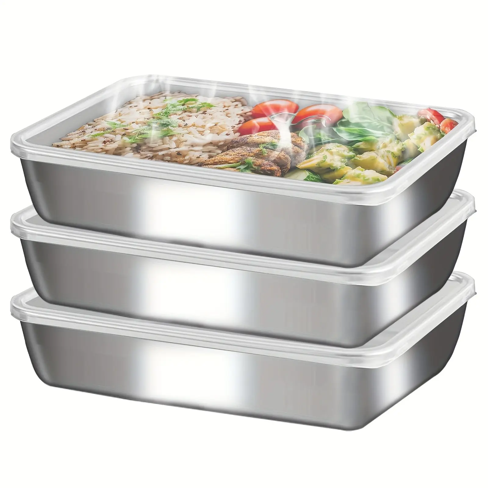 3pcs Set Large Square Stainless Steel Food Containers with Clear Lids - Leak-Proof Design, Stackable And - Ideal for Camping, Outdoor Camping And Home Use, Are Ideal for Storing Meat And Fruit