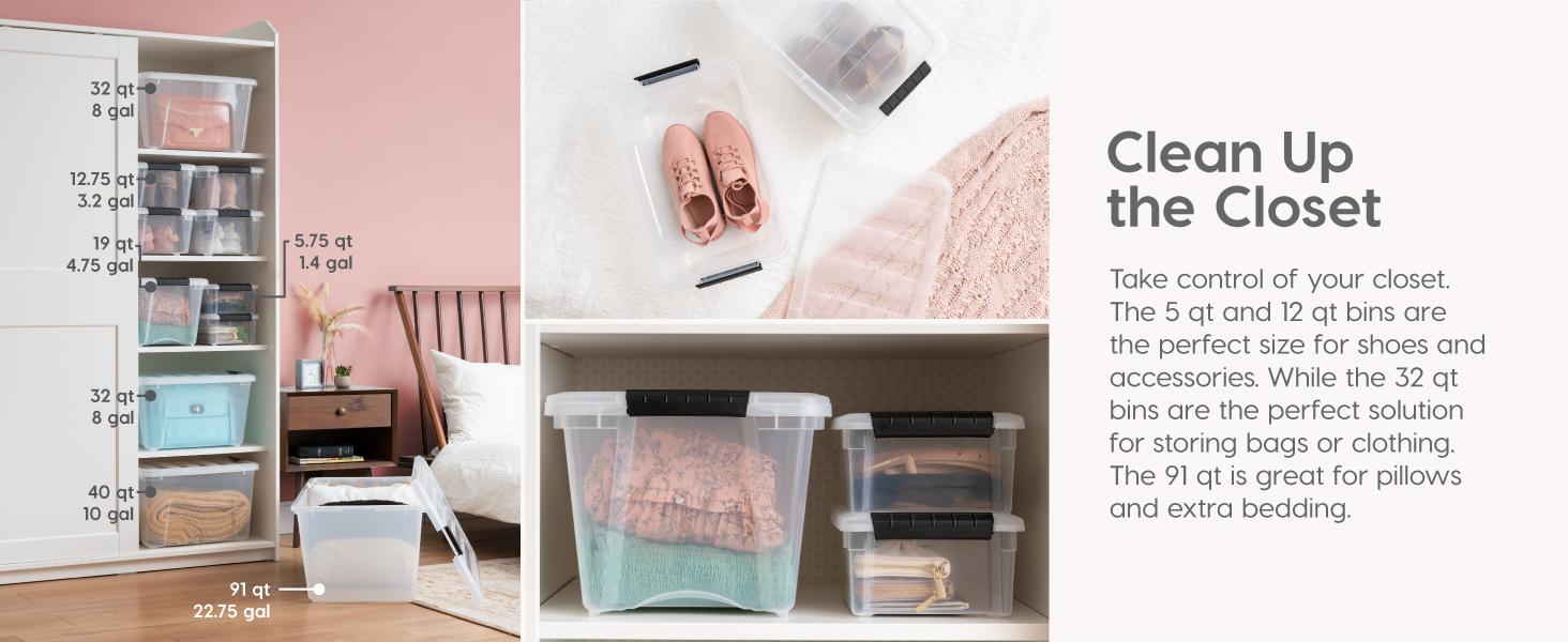 144 Qt Stackable Plastic Storage Bins with Lids, 3 Pack - BPA-Free, See-Through Organizing Solution, Latches, Durable Nestable Containers, Secure Pull Handle, Made in USA - Clear Boxes Organiser