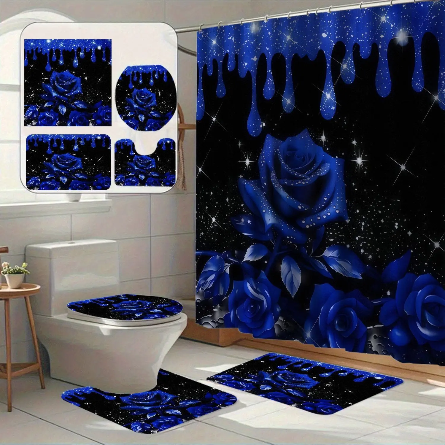 Base Starry Blue Rose Print Bath Curtain Set, Cool Luxury Style, 100% Polyester, Waterproof, Bathroom Home Decor