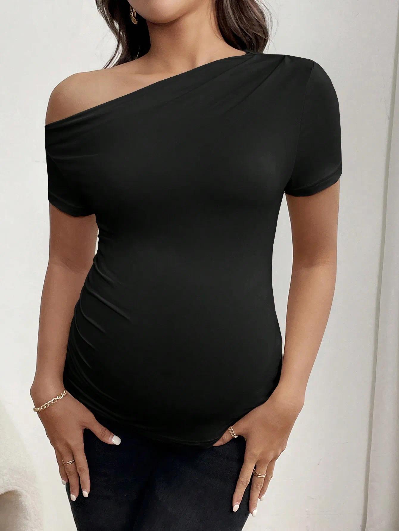 Maternity short-sleeve casual sports black T-shirt for summer, off-the-shoulder shoulder-baring maternity blouse