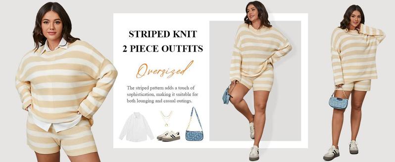 【XL-5XL】Imily Bela Curve Womens Plus Size Lounge Sets Striped Knit 2 Piece Sweater Set Long Sleeve Tops and Shorts Oversized Outfits 【XL-5XL】Imily Bela Curve Womens Plus Size Lounge Sets Striped Knit 2 Piece Sweater Set Long Sleeve Tops and Shorts Oversized Outfits