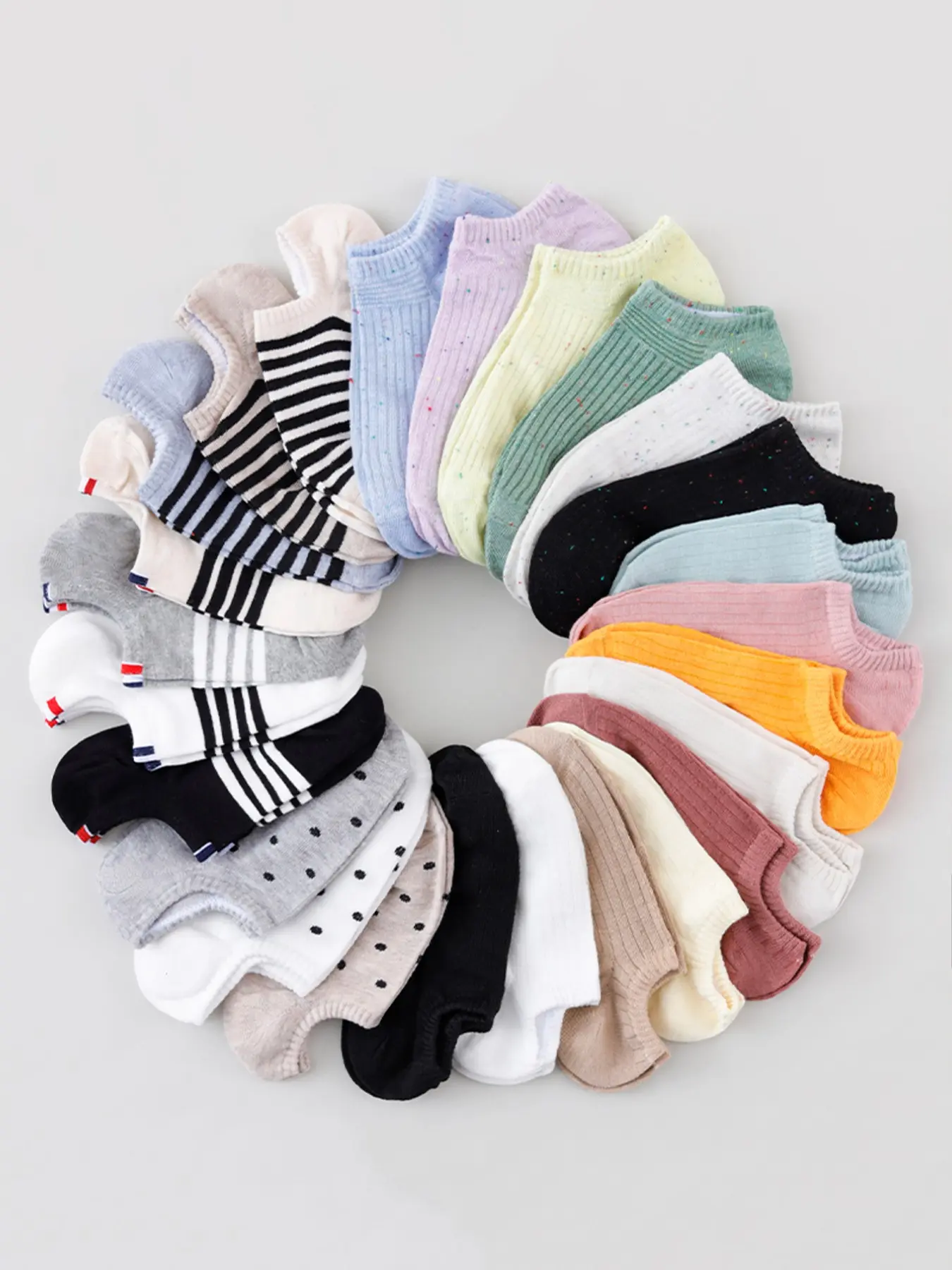 10 Pairs Women's Invisible Crew Socks, Mixed Patterns Stripes Dots Solid Colors, Silicone Non-Slip Breathable Low-Cut Socks