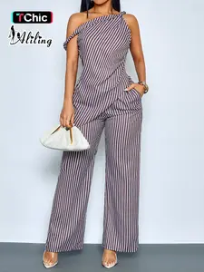 Two-Piece Summer Casual Elegant Women's Striped Long Pants Set, Asymmetrical Hem Top with High Waist Pockets, Fashionable Summer Style