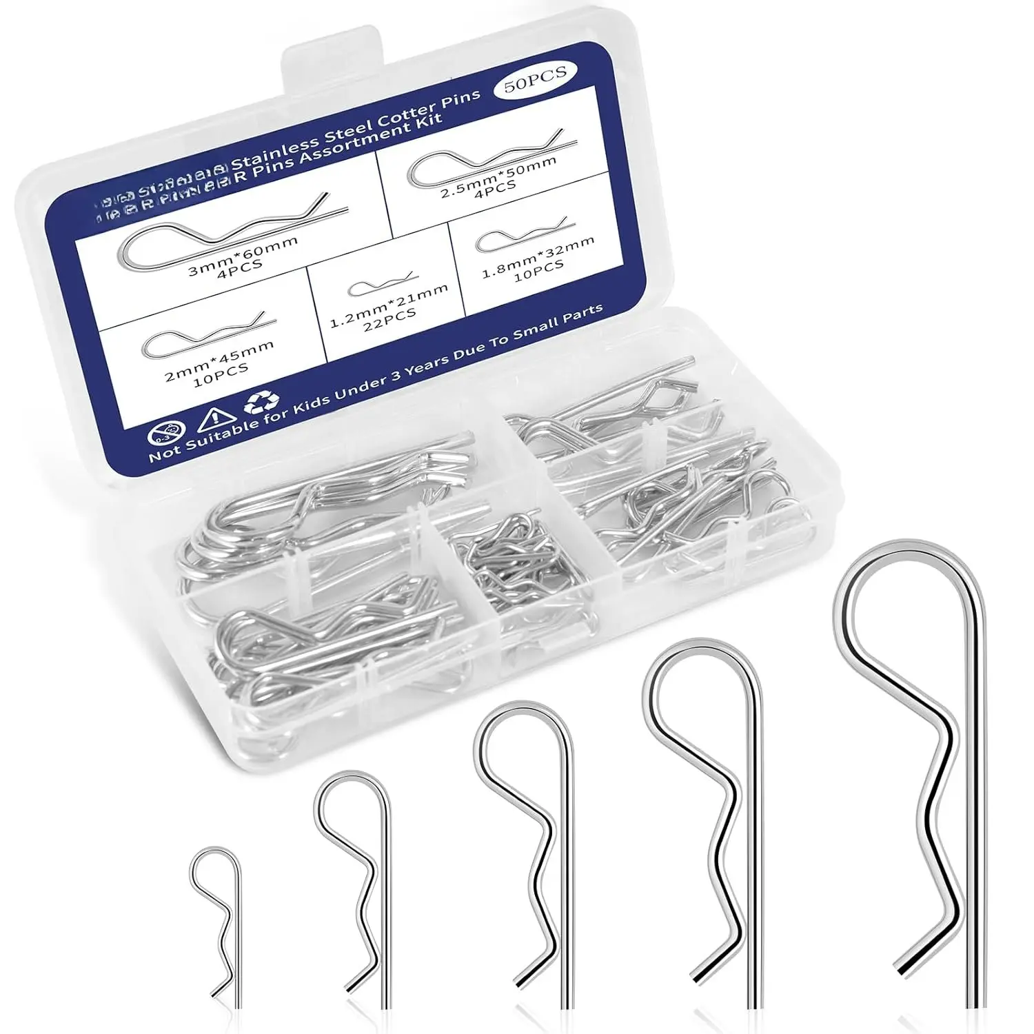 50 count Cotter Pins  Kit R Clips retaining pin | Heavy Duty R Clips Hardware Pins, 5 Sizes Spring Fasteners, Hitch Pin for  Locking