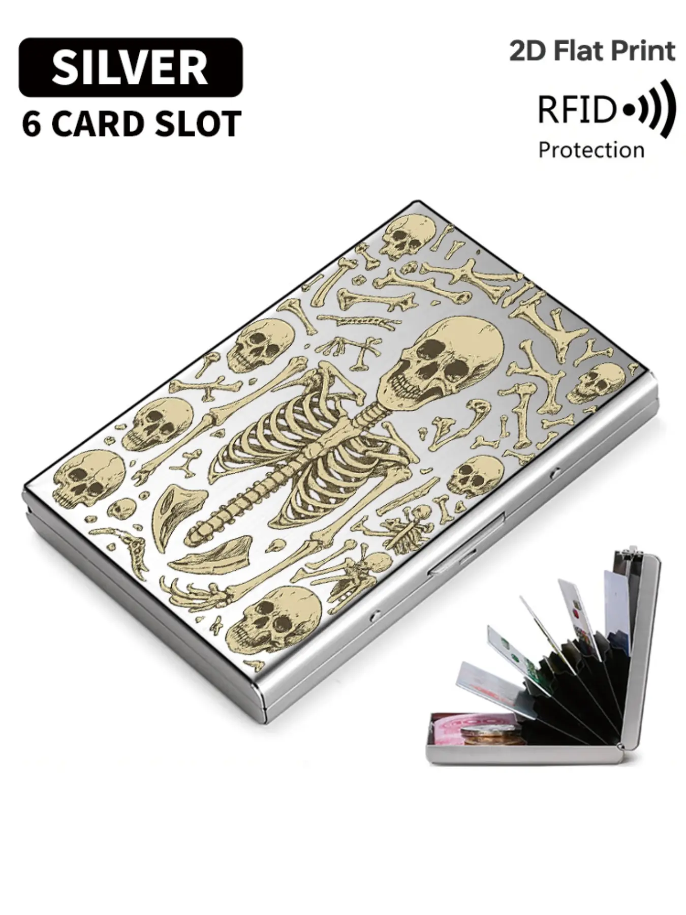 Gothic Skull Pattern Rfid Metal Card Holder, Multi-Layer Design, Silver Color, Ultra-Thin Magnetic Closure, Perfect Gift